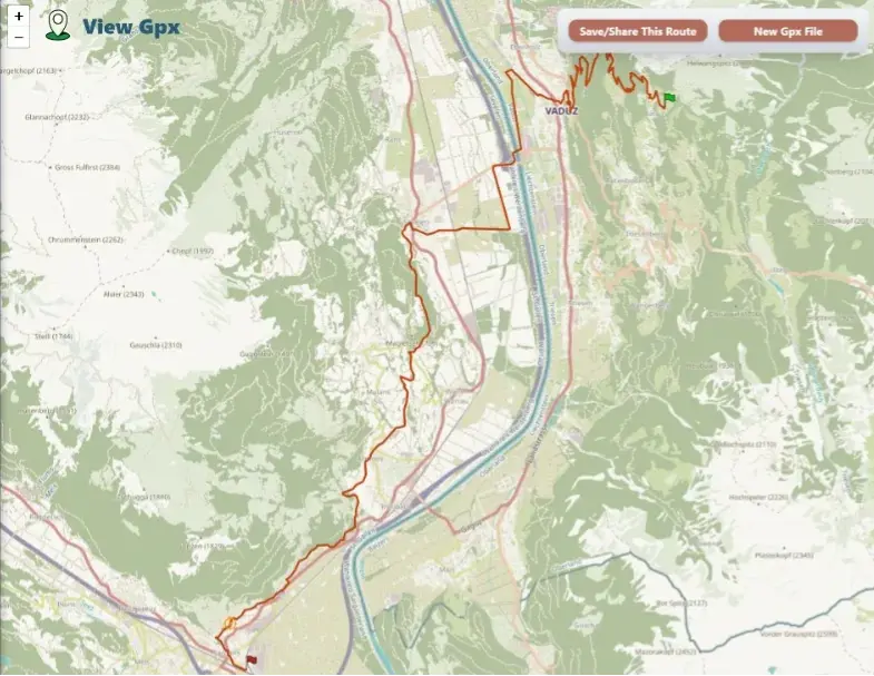 Smart Hike Finder GPX map view: a parsed route near Sargans drawn on an OpenStreetMap base