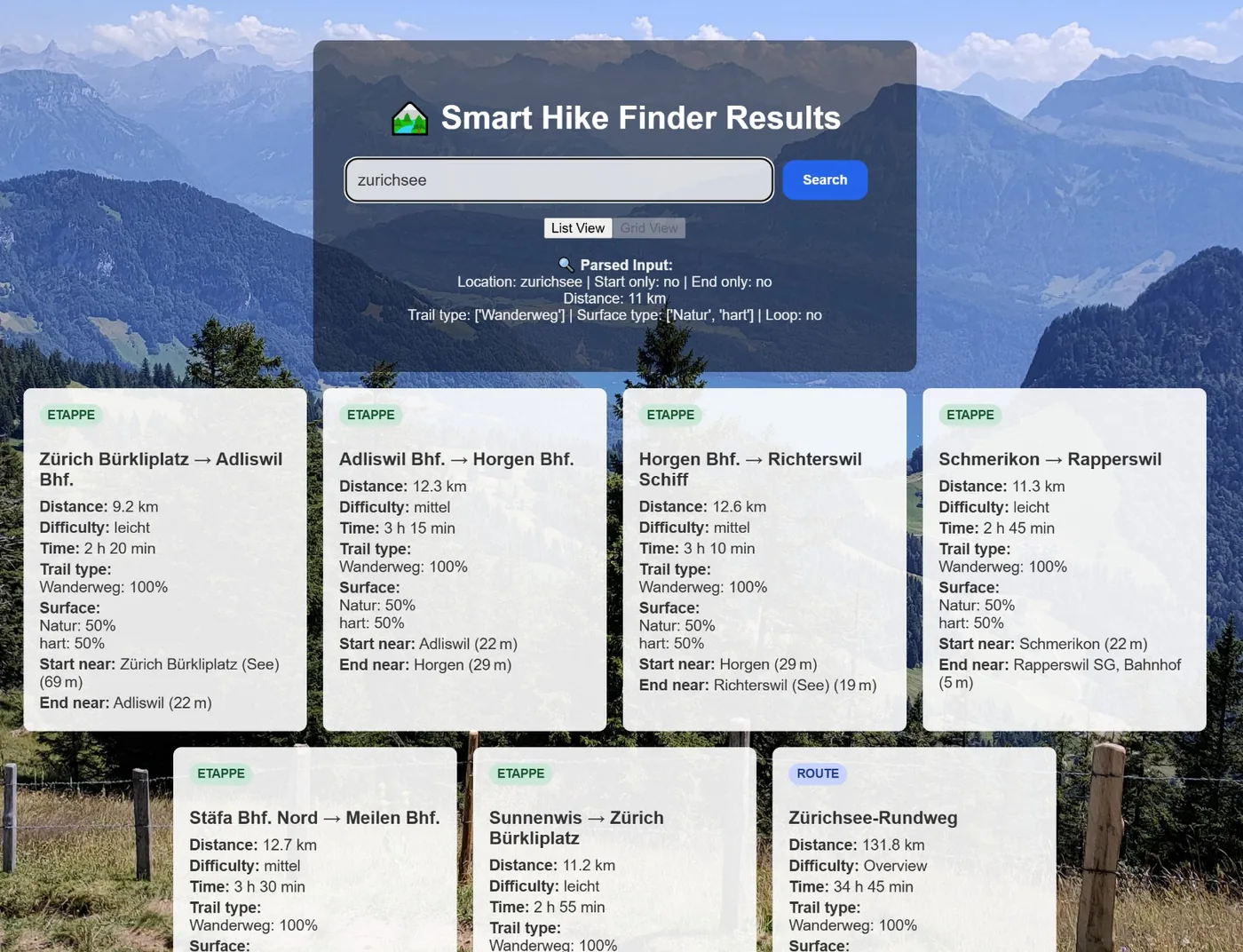 Smart Hike Finder results page: the query 'zurichsee' parsed into structured criteria, with matching hiking stages around Lake Zurich shown as cards